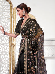 Black Floral Sequinned Net Saree