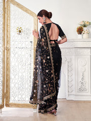 Black Floral Sequinned Net Saree