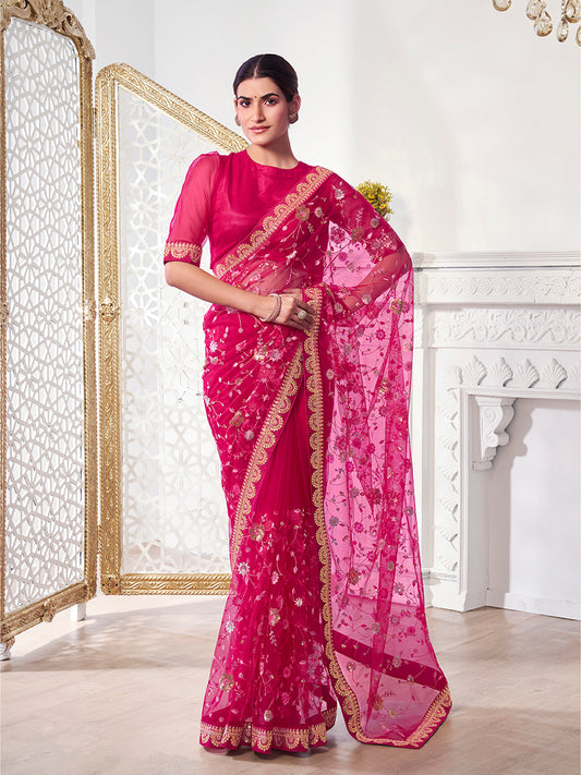 Magenta Floral Sequinned Net Saree