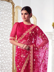 Magenta Floral Sequinned Net Saree