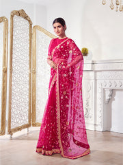 Magenta Floral Sequinned Net Saree