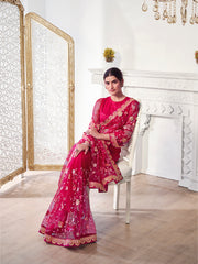 Magenta Floral Sequinned Net Saree