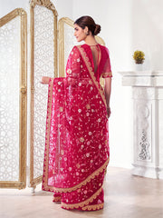 Magenta Floral Sequinned Net Saree