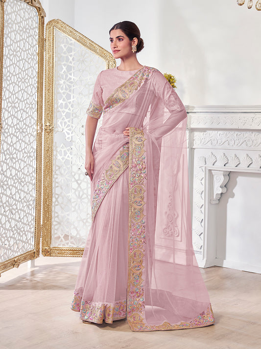 Baby Pink Floral Sequinned Net Saree