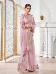 Baby Pink Floral Sequinned Net Saree