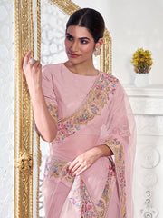 Baby Pink Floral Sequinned Net Saree