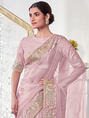 Baby Pink Floral Sequinned Net Saree