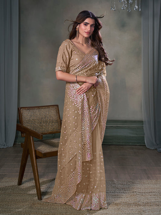 Floral Embroidered Sequinned Net Saree