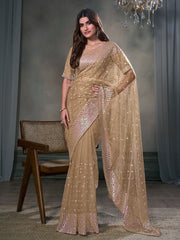 Floral Embroidered Sequinned Net Saree