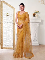 Mustard Ethnic Motifs Sequinned Net Saree