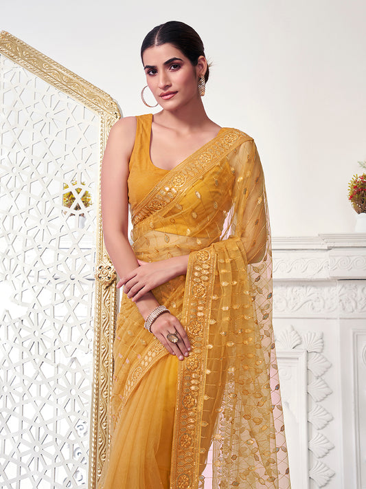 Mustard Ethnic Motifs Sequinned Net Saree