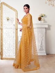 Mustard Ethnic Motifs Sequinned Net Saree