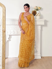 Mustard Ethnic Motifs Sequinned Net Saree