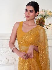 Mustard Ethnic Motifs Sequinned Net Saree