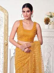 Mustard Ethnic Motifs Sequinned Net Saree