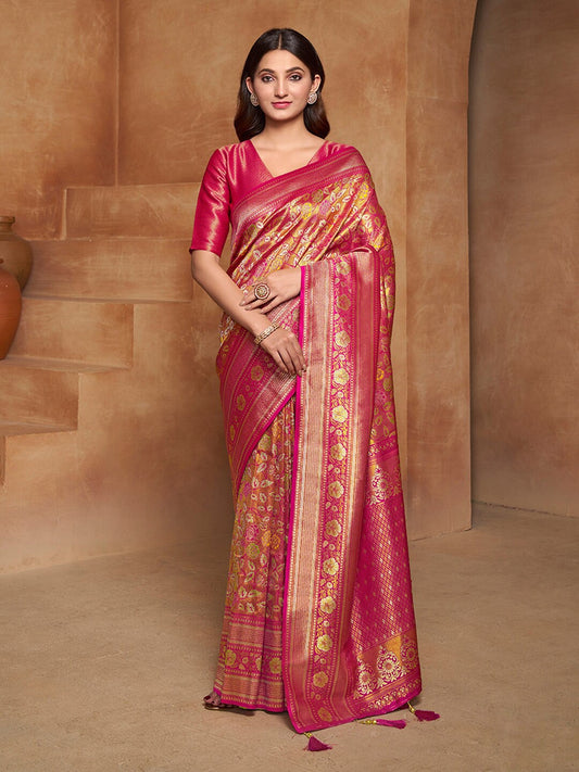 Orange Floral Woven Design Zari Pure Silk Saree