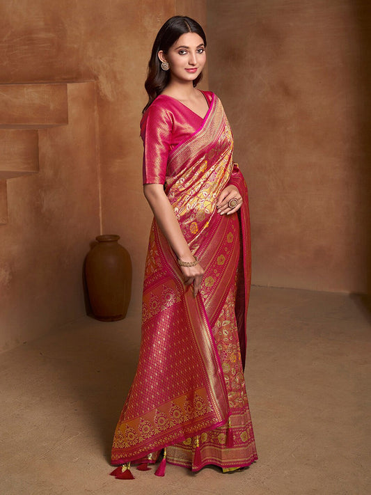 Orange Floral Woven Design Zari Pure Silk Saree