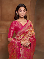 Orange Floral Woven Design Zari Pure Silk Saree