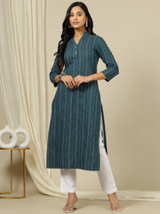 Striped Woven Design Mandarin Collar Straight Kurta