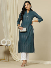 Striped Woven Design Mandarin Collar Straight Kurta