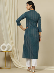 Striped Woven Design Mandarin Collar Straight Kurta