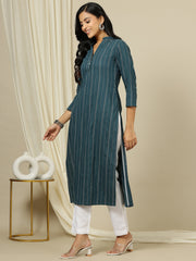 Striped Woven Design Mandarin Collar Straight Kurta