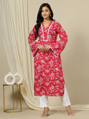 Floral Printed Bell Sleeves Gotta Patti Straight Cotton Kurta