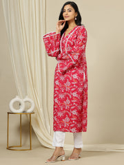 Floral Printed Bell Sleeves Gotta Patti Straight Cotton Kurta