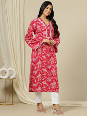 Floral Printed Bell Sleeves Gotta Patti Straight Cotton Kurta