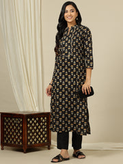 Ethnic Motifs Printed Mandarin Collar Gotta Patti Cotton Straight Kurta