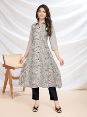 Floral Embroidered Shirt Collar Three-Quarter Sleeves Kurta