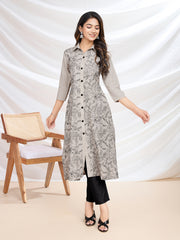 Floral Embroidered Shirt Collar Three-Quarter Sleeves Kurta