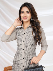 Floral Embroidered Shirt Collar Three-Quarter Sleeves Kurta