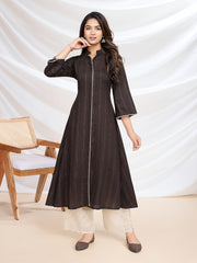 Striped Mandarin Collar Three-Quarter Sleeves A-Line Kurta