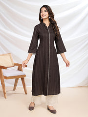 Striped Mandarin Collar Three-Quarter Sleeves A-Line Kurta