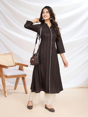 Striped Mandarin Collar Three-Quarter Sleeves A-Line Kurta