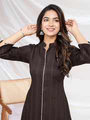 Striped Mandarin Collar Three-Quarter Sleeves A-Line Kurta