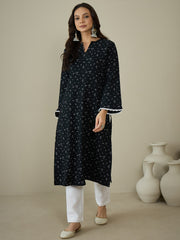 Floral Printed Bell Sleeves Crepe A-Line Kurta