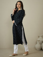 Floral Printed Bell Sleeves Crepe A-Line Kurta