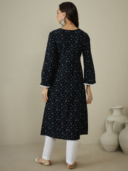 Floral Printed Bell Sleeves Crepe A-Line Kurta