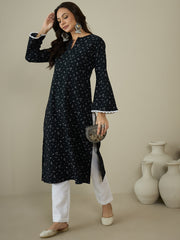 Floral Printed Bell Sleeves Crepe A-Line Kurta