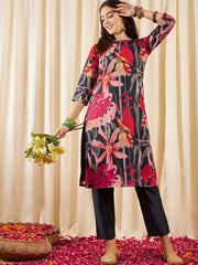 Floral Printed Keyhole Neck Straight Kurta With Trouser