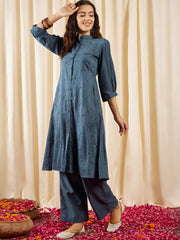 Floral Embroidered Thread Work Puffed Sleeves A-Line Kurta With Trouser