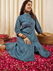 Floral Embroidered Thread Work Puffed Sleeves A-Line Kurta With Trouser