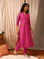 Striped Yoke Design Pleated Straight Kurta With Trouser