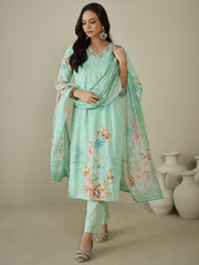 Women Floral Printed Regular Thread Work Kurta with Trousers & With Dupatta