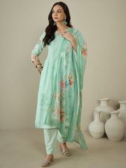 Women Floral Printed Regular Thread Work Kurta with Trousers & With Dupatta