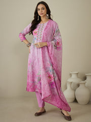 Women Floral Embroidered Regular Thread Work Kurta with Trousers & With Dupatta