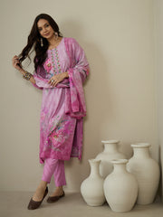 Women Floral Embroidered Regular Thread Work Kurta with Trousers & With Dupatta