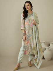 Women Floral Printed Regular Beads and Stones Kurta with Trousers & With Dupatta